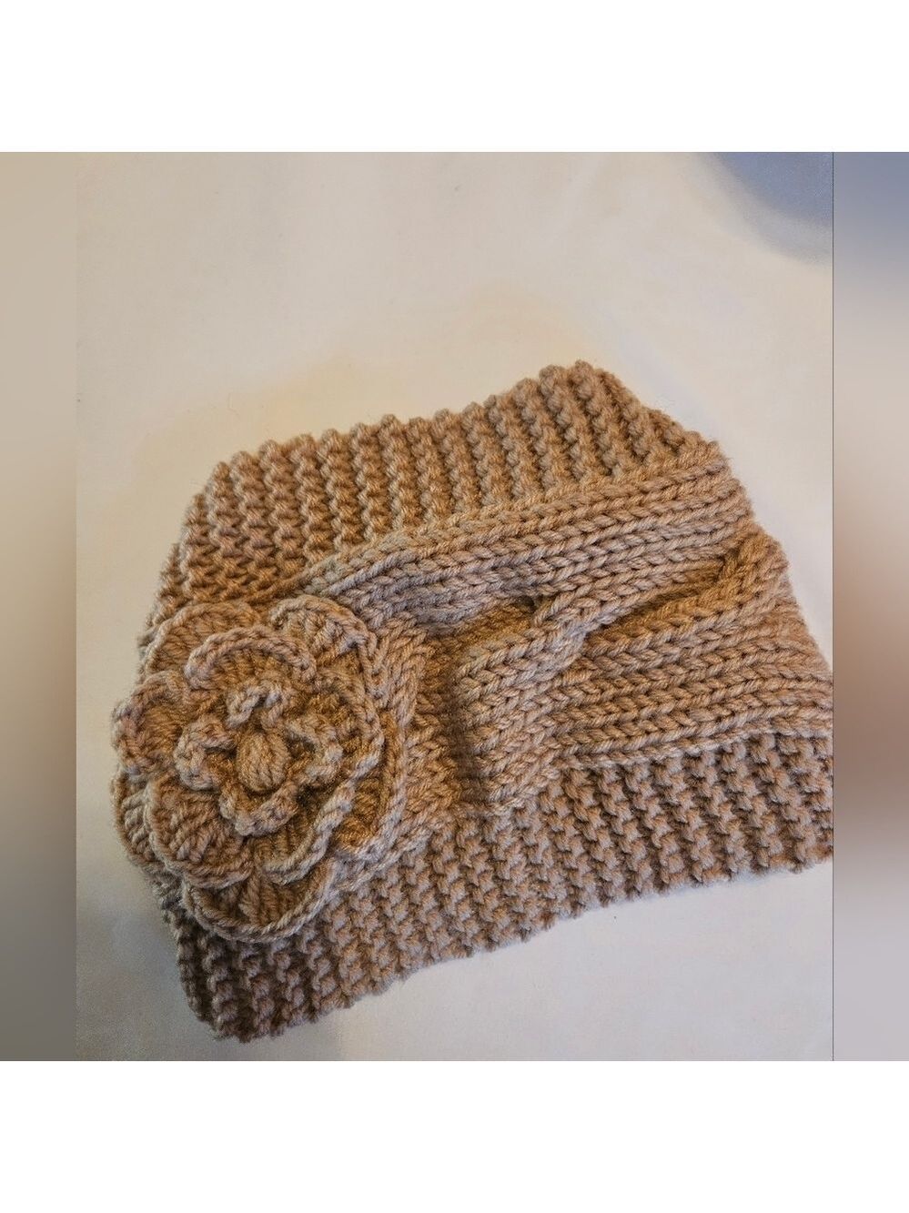 Hand Crafted Upcycled Handmade crochet Floral Skincare Spa Headband Tan Color